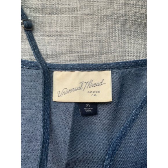 Denim Look tiny white Dot Spaghetti Strap Flounce Bottom Ruffle Tank Top Size XS - Picture 4 of 6